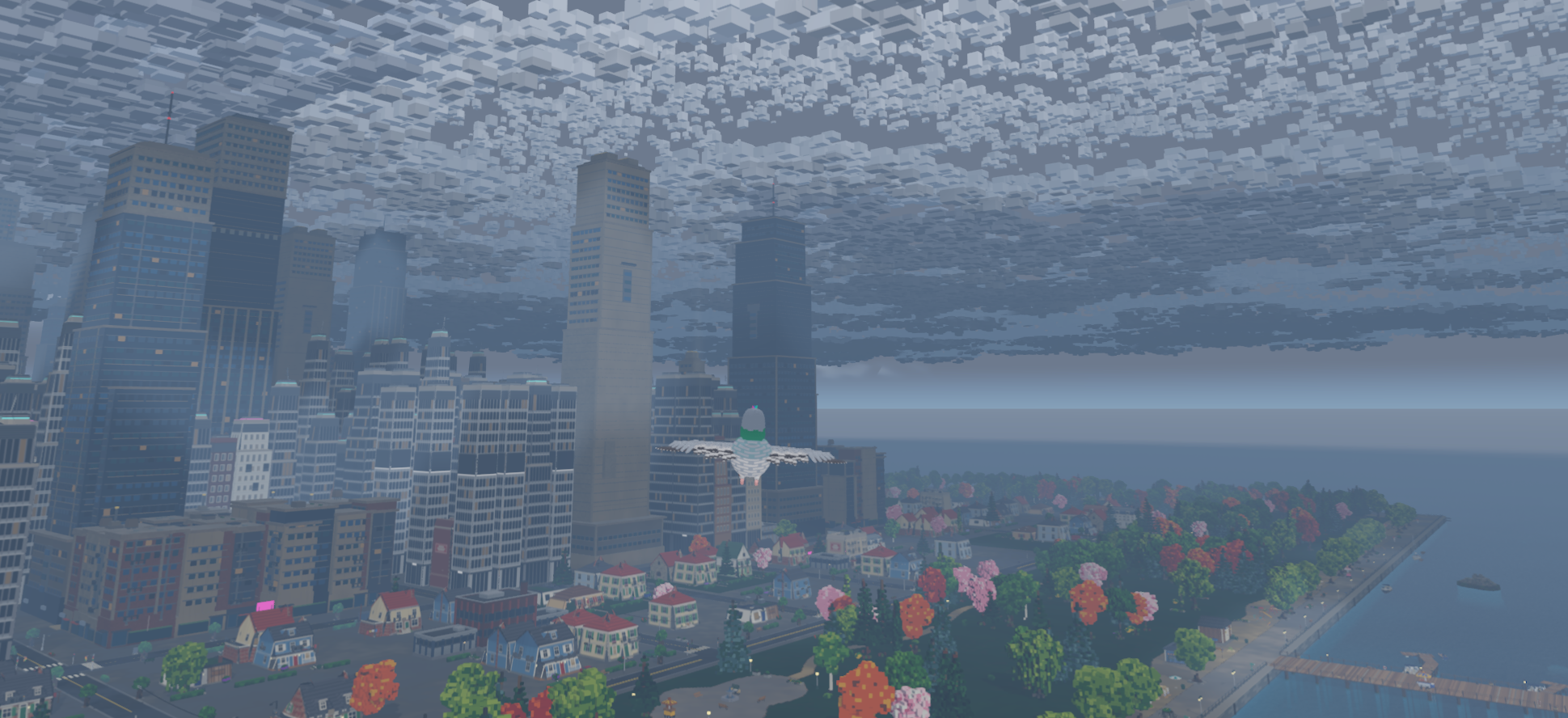 Im Flug über der Stadt – Ingame-Screenshot aus Taubinator