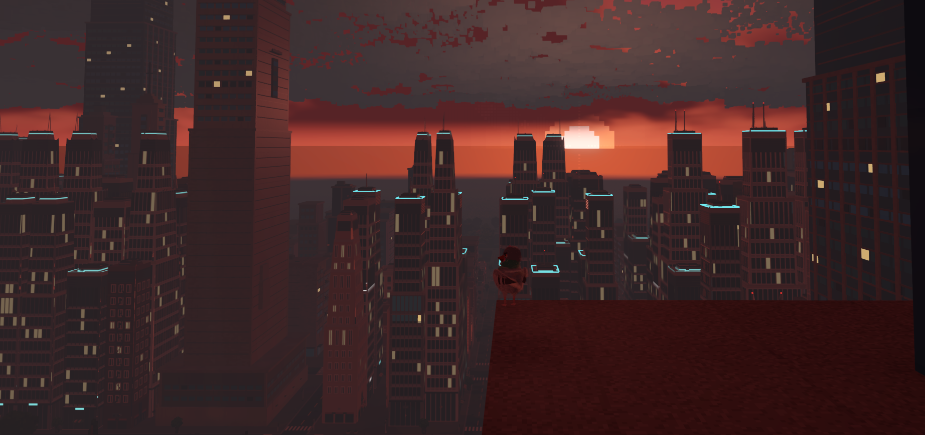 Sonnenuntergang über den Dächern – Ingame-Screenshot aus Taubinator
