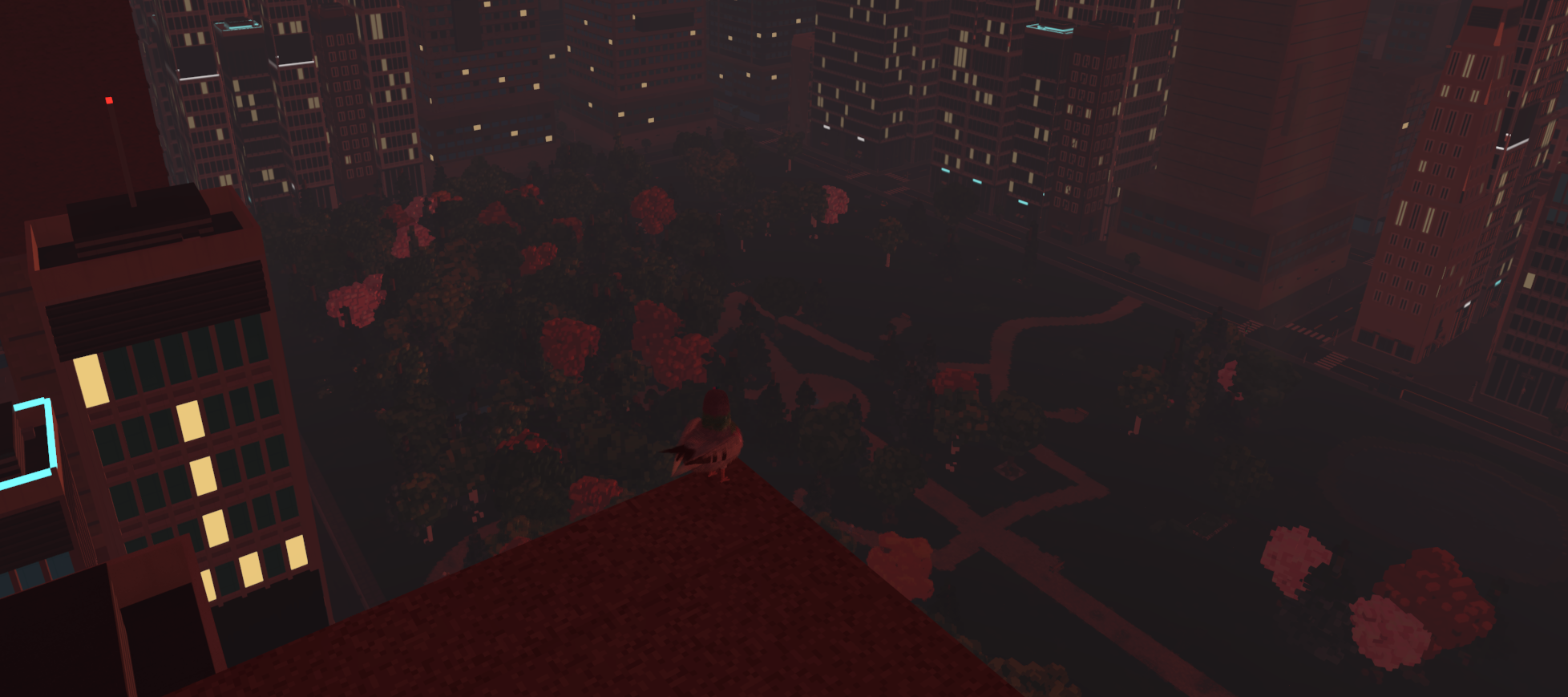 Blick hinunter in den Stadtpark – Ingame-Screenshot aus Taubinator