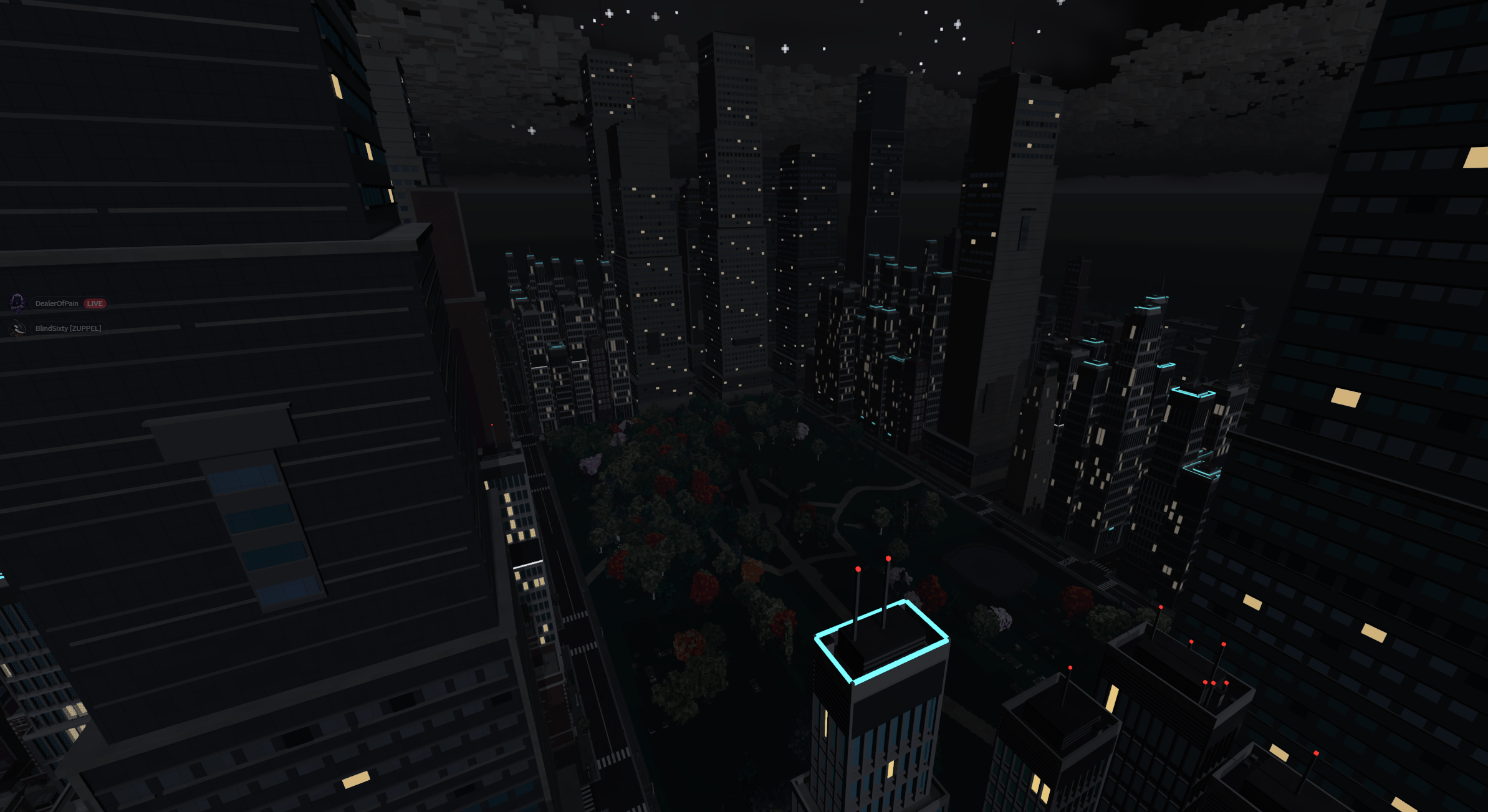 Die nächtliche Stadt von oben – Ingame-Screenshot aus Taubinator