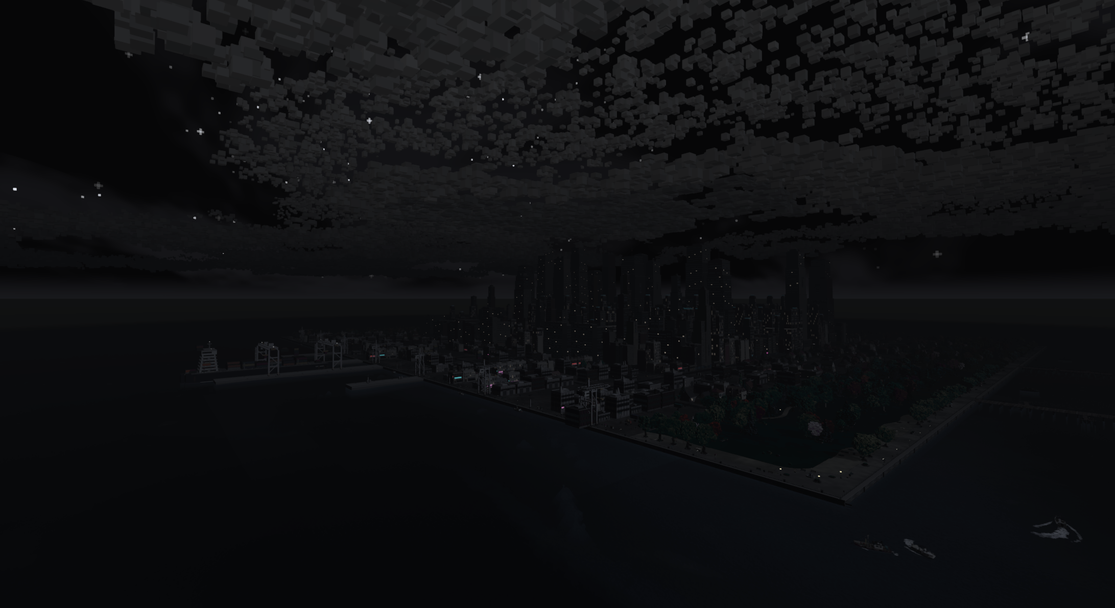 Stadt und Hafen im Dunkeln – Ingame-Screenshot aus Taubinator